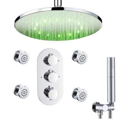 China 2021 Newest 12 Inch Round Bathroom Thermostatic Shower Faucet Mixer LED Rainless 2021 Concealed Shower Valve Sets for sale