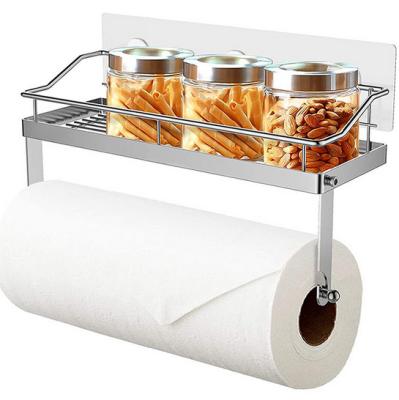 China Wall Mount 2-in-1 Adhesive Paper Towel Rack Holder With Shelf For Kitchen Bathroom Storage Basket Organizer for sale