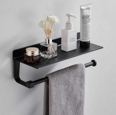 China Modern Matte Black Space Aluminum Kitchen Bathroom Paper Towel Roll Holder Self Adhesive Black With Bathroom Storage Shelf for sale