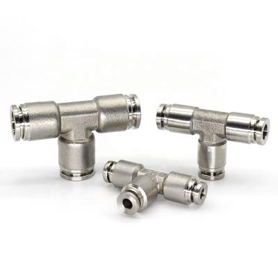 China Hotels MPE-4 6 8 10 12 16 three way stainless steel t type quick-connect joint PE pneumatic parts pipe fitting for sale