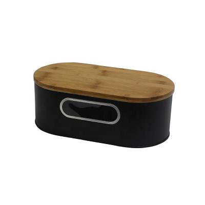 China Modern Galvanized Metal Bread Box Space Saving Black Bread Storage Bin Viable Cutting Board Bamboo Lid for sale