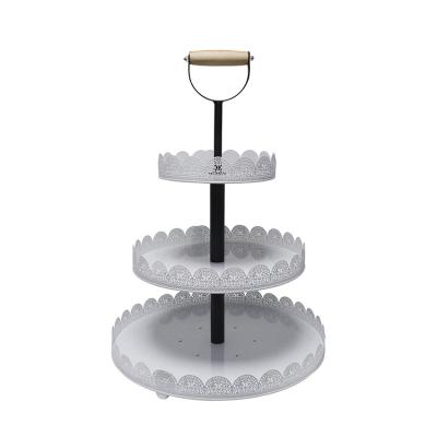 China Sustainable Party Wedding Round White 3 Tier Metal Cake Stand With Wooden Handle for sale