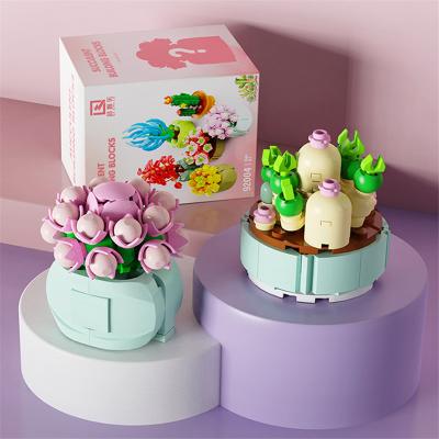 China Best Fashion Flower DIY TOY Creative Plastic 50-100 Pcs Box Building Blocks Succulents Potted Blind Friendly Kids Toys for sale