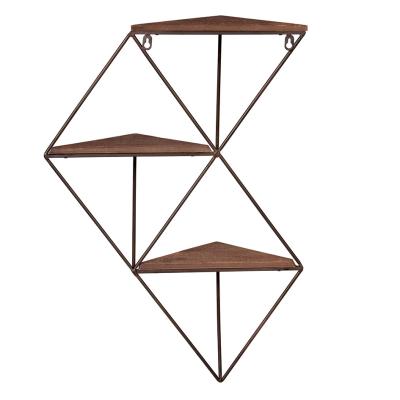 China GraceCrafts Traditional Cafe Rustic Wood and Metal Triangle Wall Three-Step Geometric Three-Step Shelf for Bathroom Bedroom Living Room Kitchen for sale