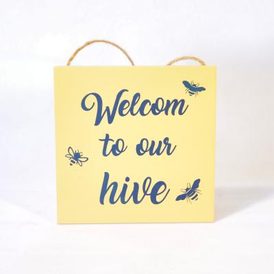 China Europe Welcome To Our Beehive Design Yellow Wooden Wall Hanging Sign For Bathroom Door Decor for sale