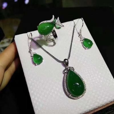 China 925 CLASSIC Natural Genuine Authentic Silver Inlaid Dangling Dangle Earrings Of Full Ice Chalcedony Green Agate Three Piece Dangle Ring for sale