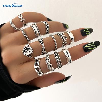 China Simplicity European and American Hot-selling personalized embossed geometric 14 piece set vintage jewelry rings for sale