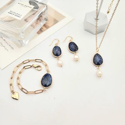 China 2022 Europe and America new lapis lazuli natural stone pearl jewelry set pearl bracelet necklace earrings for women birthday gifts for sale