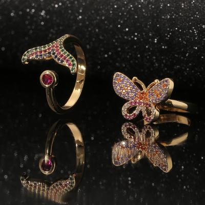 China 2022 New Arrival Fashionable Women's Butterfly Mermaid Tail Ring Handmade Adjustable Copper Gold Plated Zircon Tail Ring True for sale