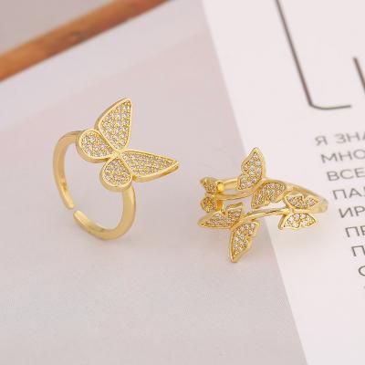 China Hot Sale Fashion Jewelry 18K Trendy Zircon Gold Plated Zircon Ring Butterfly Ring Opening Adjustable Tail Ring Accessories Women for sale