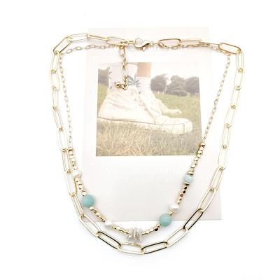 China New 43CM 46CM Enviroment-Friendly Simple Double-Layer Gold Silver Jewelry Paperclip Link Chain Imitation Pearl Necklace for sale