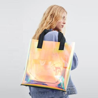 China Fashion BSCI factory fashion women logo shopping bag large capacity PVC custom plastic jelly packaging bag holographic packaging bag for sale