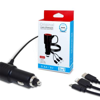 China Mobile Phone Charing 3 in 1 Car Charger with Mciro Type C 8pin Cable for iPhone and Android Phone Car Fast Charging Adapters with Package for sale