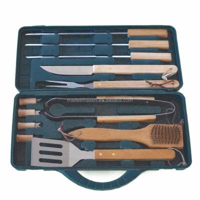 China Wholesale Easily Cleaned Amazon BBQ 12PCS Grill Tool Kit Wooden Handle Barbecue Kit With Storage Plastic Case for sale