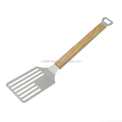 China New Designed Easily Cleaned Wooden BBQ Grill Stainless Steel BBQ Spatula Handle BBQ Accessories With Bottle Opener for sale