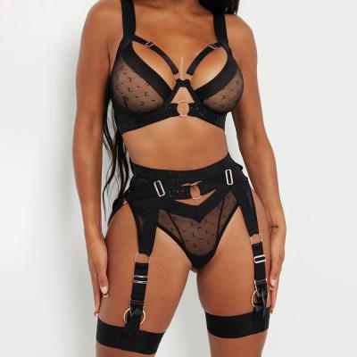 China Bed Liners 2022 New Transparent Sexy Lingerie Sets Black Strappy Bondage Three Piece Lingerie Set for sale