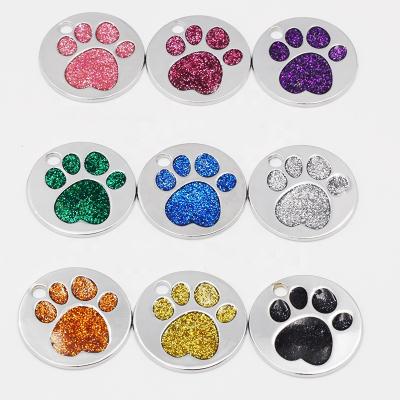 China Wholesale Europe Pet ID Cat Tag Metal Laser Engraved Round Logo Enamel Glitter Claw Dog Name Tag for sale