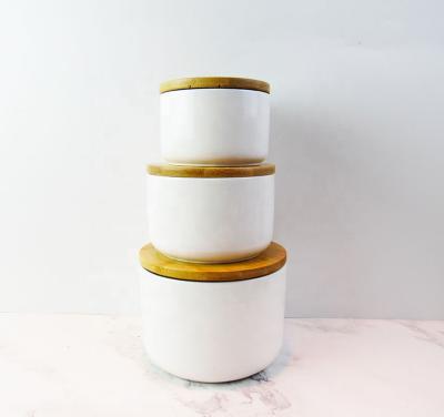 China Sustainable ceramic storage jar with bamboo lid arcylid lid see lid for sale