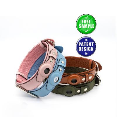 China OEM Personalized Custom Adjustable Personalize Pet Accessories Luxury Vegan PU Leather Dog Collar With Airtag Case for sale