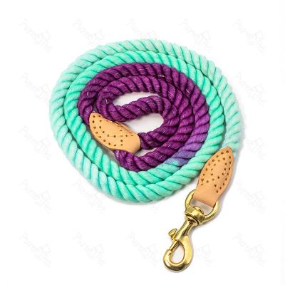 China 2022 Viable Wholesale Custom Color Gradient Color Dog Leash New Arrival Cotton Rope Dog Leash Leather Handle for sale