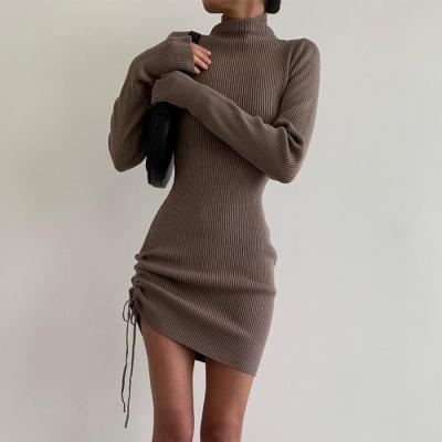 China Hot Sale Vintage Anti-pilling Ribbed Sweater Dress Women Basic Polyester Long Sleeve Wrap Split Dress for sale