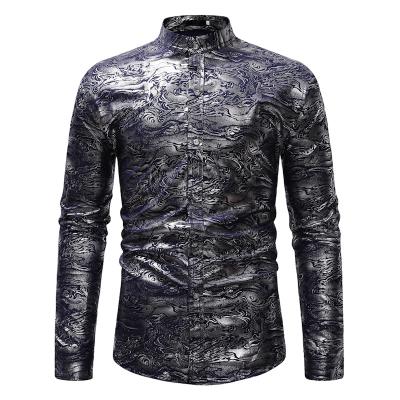 China QUICK DRY Mens Shirt Stand Collar Long Sleeve Casual Nightclub Party Tan Print Top Shirt for sale