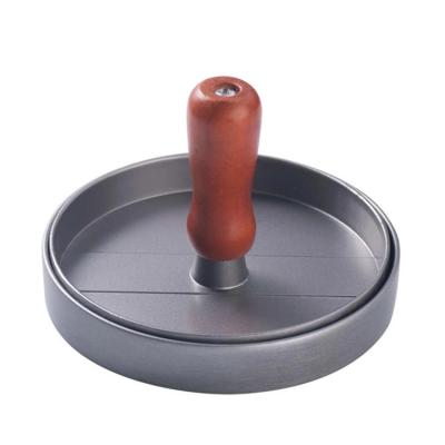 China Viable Good Prices 5 Inch High Quality Wooden Handle Round Meat Burger Press Hamburger Cast Iron Press For Kitchen for sale