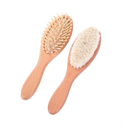 China 2Pcs Round Natural Wooden Goat Bristle Baby Hair Brush Soft Comb Set For Newborns Massage for sale