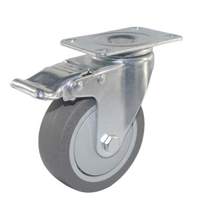 China Gray TPR Flat Freestanding Caster Wheel Medium Duty Plain Bearing Swivel With Brake Plate Replacement Cart Caster Non Marking for sale