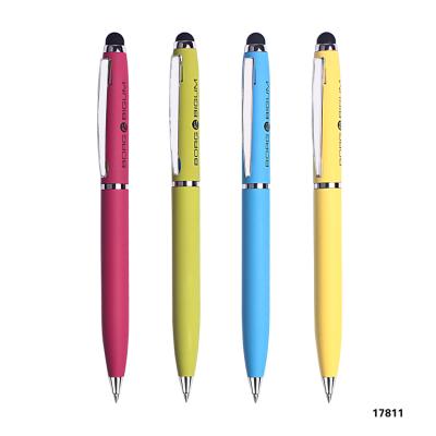 China Promotional Ball Pen Color Rubber Metal Ball Pen Promotion Twist Action Metal Pen with Stylus on Top for sale