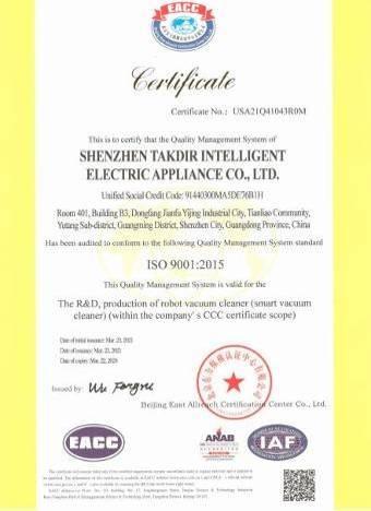 ISO9001 - Shenzhen Takdir Intelligent Electric Appliance Co., Ltd.