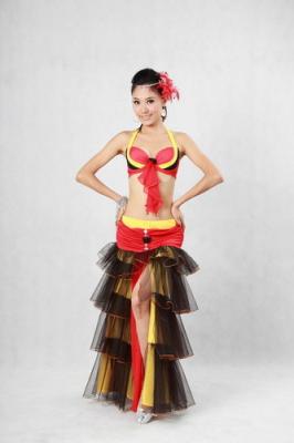 China Ruffles Belly Dancing Outfits 3 Tones 4 Tiered Pleated Tulle Side Slit Maxi Skirt for sale