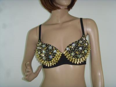 China Black Strap Ladies Night Club Wear Sexy Sequin Beaded Bra With Silver Rivet for sale