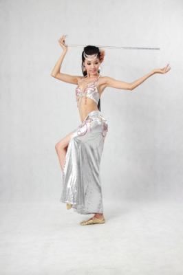 China Silver Belly Dance Wear 2 Pcs Metallic Halter Bikini Top Floor Length Side Slit Skirt for sale