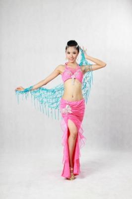 China Pink Belly Dancing Clothes Erogenous Halter Neck Metallic Bras Side Split Maxi Skirt For Performance for sale