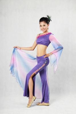 China 2 Pcs Purple Belly Dancing Clothes Diagonal Neckline Bra Leotard Long Dress Pants for sale