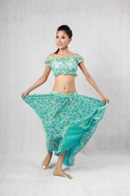 China Elegant Belly Dancer Costume Blue Green Floor Length Maxi Skirt Plain Neckline Bras for sale