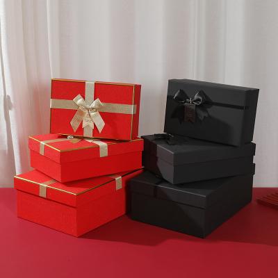 China Wholesale Biodegradable Red Paper Gift Box With Black Ribbon Bow Tie For Christmas Wedding Gifts Clothing Dress Cosmetic Packaging for sale