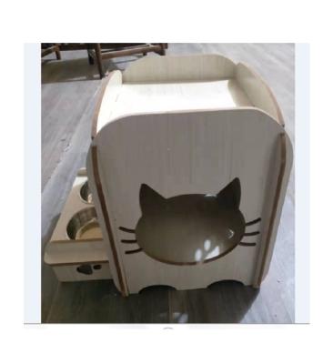 China Breathable Wooden Easy Install Cat Outdoor Indoor Cat House With Two Feeding Bowls Cat House Breathable Pet House for sale