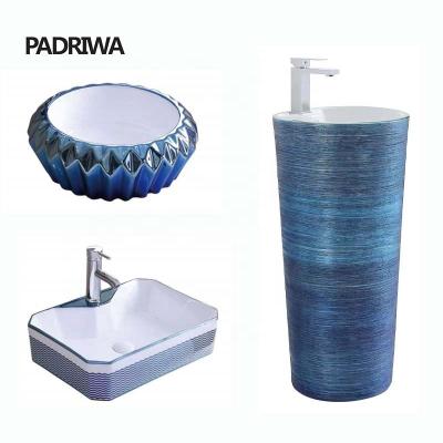 China Hidden Bathroom Pedestal Sink Tank Rectangular Small Full Floor Stand Hand Wash Basin Blue Pedestal for sale