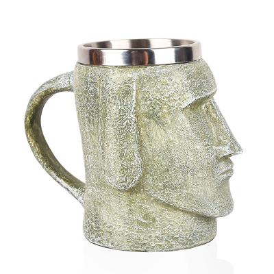 China Man MOAI Beer Glass Viable Stone Design With Handle Retros Resin Stainless Steel Mugs for sale