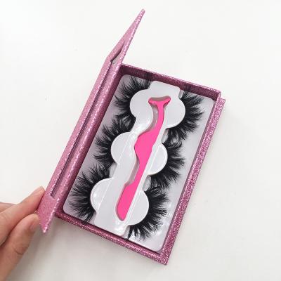 China 3 packeyelashes criss-cross container 3 pairs lashes pack with tweezers wholesale lashes 5d mink eyelashes for sale