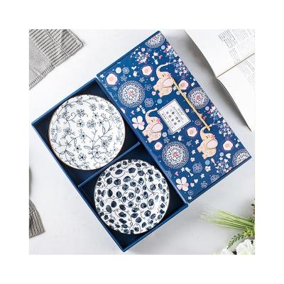 China 2 Pieces Sustainable 8 Inch Japanese Ceramic Dish Dinnerware With Gift Box High Temperature Blue And Unglazed White Porcelain Set for sale