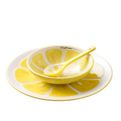 China Viable Tableware Set 3 Piece Cartoon Fruit Lemon Theme Japanese Style Cutlery Japanese Style Cutlery Fruit Noodle Salad Bowl Cup Spoon Ceramic Pan for sale