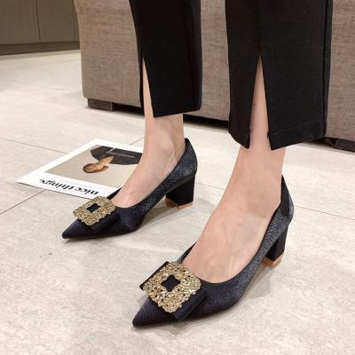 China Other fairy style chunky high heels Korean version of new headed toe women's shoes square rhinestone buckle shoes for sale