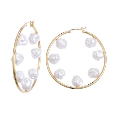 China Lead Fashion 18K Real Nickel Free Gold Plated Women Fashion Statement Jewelry Large Circle Pearl Hoop Earrings for sale