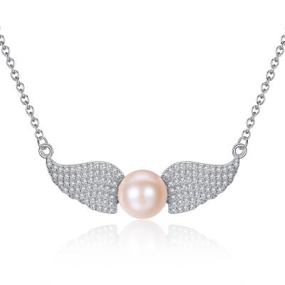 China Fashion Romantic Jewelry 925 Silver Cubic Zircon Inlaid 9MM Round Natural Pearl Angel Wing Necklace for sale