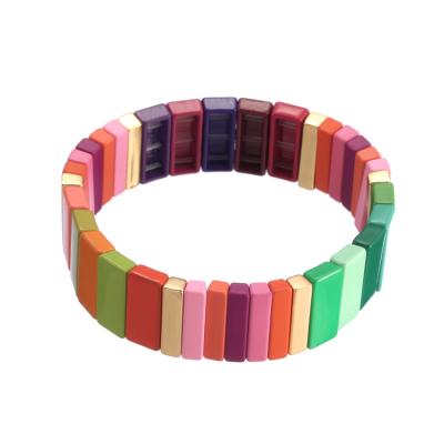 China Custom BOHEMIA Various Colors Rose Red Enamel Rainbow Tile Beads Elastic Bracelet for sale