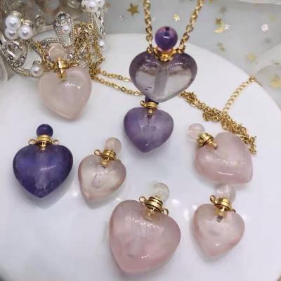 China Perfume GENUINE Amethyst/Rose Gemstone Heart Shape Perfume Bottle Pendant/Green Quartz/Clear Crystal Bottle and Necklace Pendant PANGEM for Necklaces for sale