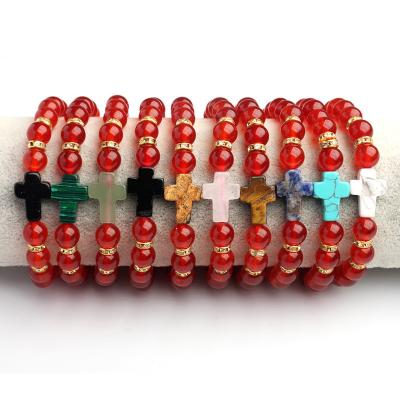 China PANGEM Durable Gemstone Red Agate/Carnelian 8mm Beads Round Bracelet With Cross Charm Blue/Black/Purple/White Gemstone for sale